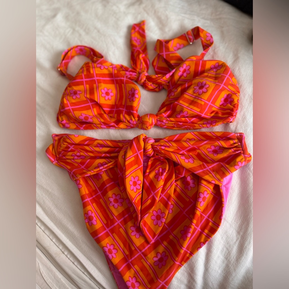 Show Me Your MuMu Vibrant Pink and Orange Plaid Bikini